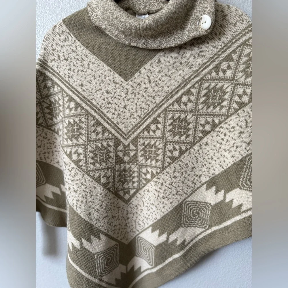 Boho Geometric Knit Poncho Sweater | Button Cowl Neck | Neutral Tan - Picture 8 of 11